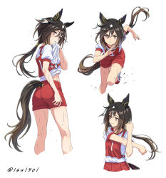 1girl absurdres animal_ears black_hair brown_eyes brown_hair clothes_lift cross-body_stretch ear_covers gradient_hair hair_tubes hashtag-only_commentary highres horse_ears horse_girl horse_tail isu8376 long_hair multicolored_hair multiple_views parted_lips ponytail red_shorts running shirt_lift shorts simple_background single_hair_tube stay_gold_(umamusume) streaked_hair stretching sweat tail tracen_training_uniform twitter_username umamusume white_background white_hair wiping_face