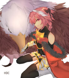 1boy androgynous astolfo_(fate) bare_shoulders beak black_bow black_garter_straps black_thighhighs boots bow braid cape clothing_cutout eyelashes fang fate/apocrypha fate/grand_order fate_(series) fur-trimmed_cape fur_trim garter_straps hair_bow hippogriff_(fate) male_focus multicolored_hair pink_eyes pink_hair red_cape shoulder_cutout single_braid sitting skin_fang sleeping_animal solo streaked_hair talons thighhighs trap wariza weyas_kayur white_background white_boots white_hair