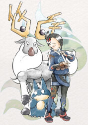 1girl black_boots black_hair black_skirt blue_jacket boots bracelet closed_eyes commentary_request diamond_clan_outfit flute gen_4_pokemon hair_ornament highres holding holding_instrument instrument jacket jewelry mai_(pokemon) munchlax music nintendo pantyhose playing_instrument pokemon pokemon_(creature) pokemon_legends:_arceus print_pantyhose sasami_642 shirt short_hair skirt standing white_shirt wyrdeer