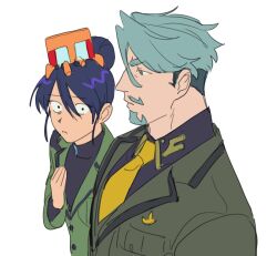 1boy bbbb_fex beard breast_envy challia_bull collared_shirt conch_(gundam) facial_hair girl_staring_at_guy&#039;s_chest_(meme) green_eyes green_hair gundam gundam_gquuuuuux hair_bun highres jacket long_sleeves looking_at_pectorals meme military_jacket military_uniform muscle_envy mustache necktie non-humanoid_robot nyaan_(gundam_gquuuuuux) purple_hair robot shirt short_hair simple_background single_hair_bun turtleneck upper_body white_background wide-eyed yellow_eyes