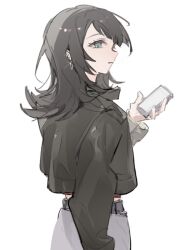 1girl bang_dream! bang_dream!_it&#039;s_mygo!!!!! black_hair black_jacket blue_eyes cellphone closed_mouth commentary ear_piercing earrings from_behind glint grey_skirt hashtag-only_commentary highres holding holding_phone jacket jewelry long_hair phone piercing skirt smartphone solo undersuito50673 white_background yahata_umiri
