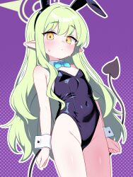 1girl animal_ears black_leotard black_tail blue_archive blue_bow blue_bowtie blush bow bowtie breasts closed_mouth covered_navel cowboy_shot detached_collar fake_animal_ears green_hair green_halo halo highres hikari_(blue_archive) io9 leotard loli long_hair looking_at_viewer outline playboy_bunny pointy_ears purple_background rabbit_ears small_breasts solo tail very_long_hair white_outline white_wrist_cuffs wrist_cuffs yellow_eyes