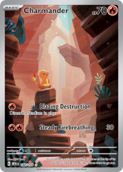 animal_focus artist_name card_(medium) character_name charmander company_name copyright_name copyright_notice english_text fire flame-tipped_tail gen_1_pokemon light_particles miki_kudo nintendo no_humans official_art open_mouth outdoors plant pokemon pokemon_(creature) pokemon_card pokemon_focus pokemon_tcg rock solo tail third-party_source trading_card