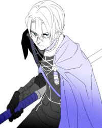 1boy absurdres belt blue_belt blue_cape blue_eyes cape cowboy_shot curtained_hair dimitri_alexandre_blaiddyd fire_emblem fire_emblem:_three_houses garreg_mach_monastery_uniform gauntlets hair_between_eyes hashtag-only_commentary highres holding holding_polearm holding_weapon kwajia3 looking_at_viewer male_focus nintendo parted_bangs polearm sanpaku serious short_hair shoulder_belt simple_background solo spot_color weapon white_background