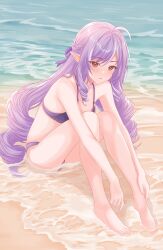 1girl :o ahoge bare_legs barefoot beach bikini breasts commentary_request feet highres knees_up legs long_hair ocean outdoors pointy_ears purple_bikini purple_hair red_eyes sitting solo swimsuit toes very_long_hair vivian_banshee welo zenless_zone_zero