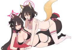 2girls absurdres animal_ear_fluff animal_ears bell bikini black_bikini black_thighhighs blue_archive breasts brown_hair cleavage colored_inner_hair fang fox_ears fox_girl fox_tail frilled_thigh_strap frilled_thighhighs frills hair_between_eyes hair_ornament halo highres izuna_(blue_archive) kurowanjjyang large_breasts long_hair looking_at_viewer multicolored_hair multiple_girls neck_bell one_side_up pink_halo pom_pom_(clothes) pom_pom_hair_ornament red_hair red_halo short_hair simple_background skin_fang swimsuit tail thigh_strap thighhighs wakamo_(blue_archive) white_background white_bikini white_thighhighs yellow_eyes