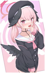 1girl @_@ absurdres beret black_hat black_shirt black_wings blue_archive blush border collarbone feathered_wings halo hand_on_own_chin hat head_wings highres koharu_(blue_archive) long_hair long_sleeves looking_at_viewer looking_to_the_side low_wings neckerchief open_mouth pink_background pink_eyes pink_hair pink_neckerchief red_halo rururiiro sailor_collar school_uniform shirt sleeves_past_wrists solo twintails upper_body white_border white_sailor_collar wings