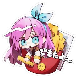 1girl aubrey_(faraway)_(omori) aubrey_(omori) blue_eyes blue_hairband blush chibi chibi_only double-parted_bangs food french_fries hairband hanabata0320 jacket long_hair long_sleeves looking_at_viewer omori open_mouth pink_hair simple_background solo teeth translation_request upper_teeth_only white_background white_jacket