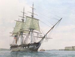 american_flag atelier_bono boat frigate highres mast military_vehicle no_humans ocean original painting_(medium) sail ship traditional_media tugboat uss_constitution vehicle_focus warship watercolor_(medium) watercraft