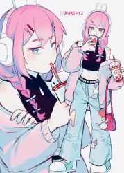 Rule 34 | 1girl, animal ear headphones, animal ears, aubrey (birthday) (omori), aubrey (faraway) (omori), aubrey (omori), bag, blue eyes, blue nails, braid, cellphone, character name, charm (object), closed mouth, crop top, cup, cupcake bunny (omori), denim, drinking, drinking straw, drinking straw in mouth, fake animal ears, forest bunny? (omori), forest bunny (omori), hair ornament, hairclip, handbag, headphones, highres, holding, holding cup, jacket, jeans, long hair, long sleeves, looking at viewer, low twin braids, mr. plantegg (omori), multicolored nails, omori, pants, pasuta928008, phone, pink hair, pink jacket, pink nails, rabbit ear headphones, shoes, simple background, smartphone, sneakers, solo, torn clothes, torn jeans, torn pants, twin braids, twintails, white background