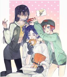 1boy 2girls absurdres amate_yuzuriha aqua_eyes baseball_cap black_hair blue_hair closed_eyes comb conch_(gundam) crop_top donut eating food food_in_mouth gloves gundam gundam_gquuuuuux hat highres holding holding_phone jacket leggings long_hair mouth_hold multiple_girls navel nyaan_(gundam_gquuuuuux) open_mouth pantyhose phone pon_de_ring red_hair shirt short_hair shuji_ito skirt smile star_(symbol) sukebegg yellow_eyes