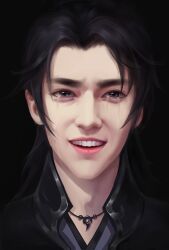 1boy asian black_background black_eyes black_hair black_hanfu chinese_clothes chinese_commentary commentary_request crying crying_with_eyes_open furrowed_brow hanfu highres jewelry lips long_hair looking_at_viewer magatama magatama_necklace male_focus mandarin_collar modao_zushi necklace open_mouth pink_lips portrait realistic sad sad_smile simple_background solo streaming_tears tears teeth thick_eyebrows upper_teeth_only xue_yang ye_dian_pikaqiu