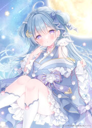 Rule 34 | 1girl, :o, ahoge, amaui, bare shoulders, blue bow, blue hair, blue kimono, blue ribbon, blush, bow, commentary request, convenient leg, creature, creature on shoulder, crescent, crescent hair ornament, frilled sleeves, frills, hair between eyes, hair bow, hair ornament, hair ribbon, hand up, japanese clothes, kimono, kneehighs, long sleeves, looking at viewer, moon, nanashi inc., official art, omochi monaka, on shoulder, outdoors, parted lips, purple bow, purple eyes, ribbon, shooting star, sitting, socks, solo, star (sky), star (symbol), virtual youtuber, waist bow, white socks, wide sleeves