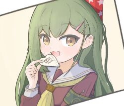 Rule 34 | 1girl, :3, :d, armband, black armband, brown dress, brown eyes, commentary request, dress, green hair, hair ornament, hairclip, hasu no sora school uniform, hat, heart, holding, holding heart, link! like! love live!, long hair, long sleeves, looking at viewer, love live!, neckerchief, ogami sachi, open mouth, parallel hairclips, party hat, red hat, safety pin, sailor collar, sailor dress, school uniform, smile, solo, tokusa (sachi biglove), upper body, white sailor collar, winter uniform, yellow neckerchief