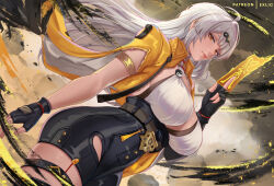 1girl ahoge between_fingers bird black_bird black_gloves black_shorts breasts closed_mouth commentary cowboy_shot cropped_jacket dutch_angle english_commentary exlic expressionless fingerless_gloves floating_hair gloves grey_hair hair_ornament hairclip high-waist_shorts holding holding_ofuda jacket large_breasts long_hair looking_at_viewer open_clothes open_jacket paid_reward_available patreon_username shirt shorts solo standing variant_set very_long_hair white_shirt yellow_eyes yellow_jacket yin_yang_pin yixuan_(zenless_zone_zero) zenless_zone_zero