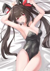 1girl absurdres animal_ears arms_up bare_shoulders bed_sheet black_leotard blush breasts brown_hair butterfly-shaped_pupils cleavage collarbone fake_animal_ears highres honkai:_star_rail honkai_(series) indoors leotard long_hair looking_at_viewer lying mark_under_both_eyes medium_breasts on_bed parted_lips pink_nails playboy_bunny rabbit_ears red_eyes smile solo sparkle_(honkai:_star_rail) strapless strapless_leotard symbol-shaped_pupils thighs twintails very_long_hair yonemasakouta
