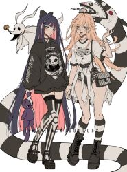 2girls bag beetlejuice blonde_hair blunt_bangs blush boots choker choppy_bangs criis-chan full_body handbag light_blush long_hair multiple_girls o-ring panty_&amp;_stocking_with_garterbelt panty_(psg) stocking_(psg) thighhighs twitter_username white_background