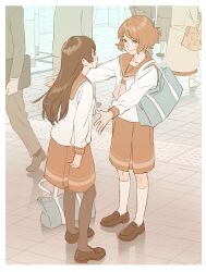 2girls 55bata6rou bag border brown_eyes brown_hair brown_pantyhose brown_sailor_collar brown_shoes brown_skirt coat formal_clothes full_body hibike!_euphonium highres imminent_hug kitauji_high_school_uniform kousaka_reina limited_palette loafers long_hair looking_at_another multiple_girls oumae_kumiko outstretched_arms pantyhose people pleated_skirt reflective_floor sailor_collar school_bag school_uniform shirt shoes skirt smile socks suit tile_floor tiles walking white_border white_shirt white_socks