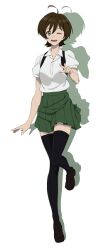 1girl breasts brown_hair devilman devilman_crybaby makimura_miki non-web_source school_uniform short_hair skirt smile solo standing standing_on_one_leg teeth thighhighs v