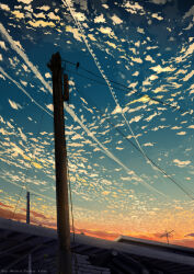 absurdres antennae artist_name bird black_bird blue_sky cloud gradient_sky guiyi_tonghua highres no_humans orange_sky original power_lines scenery sky twilight utility_pole