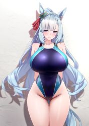 Rule 34 | 1girl, animal ears, arms behind back, blue hair, blue one-piece swimsuit, blue tail, blush, breasts, closed mouth, commentary request, competition swimsuit, gluteal fold, groin, herohero (higashi no dou), highleg, highleg one-piece swimsuit, highres, horse ears, horse girl, horse tail, large breasts, long hair, mejiro ardan (umamusume), multicolored swimsuit, one-piece swimsuit, ponytail, purple eyes, skindentation, solo, swimsuit, tail, thigh gap, thighs, umamusume, very long hair