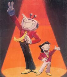 2boys ant_tenna arm_up black_hair black_pants closed_eyes colored_skin commentary deltarune english_commentary full_body gloves hand_on_own_hip height_difference jacket male_focus multiple_boys necktie object_head pants pointy_nose red_jacket shoes short_hair smile spamton_g._spamton spotlight starridge teeth v white_gloves white_pants white_skin yellow_necktie yellow_shoes