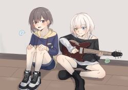 2girls absurdres bang_dream! bang_dream!_it&#039;s_mygo!!!!! black_boots black_shirt black_shoes black_shorts blue_eyes blue_hoodie blue_shorts boots brown_eyes closed_mouth commentary electric_guitar grey_hair guitar heterochromia highres hood hoodie instrument kaeru_(kaeee41917105) kaname_raana layered_sleeves long_sleeves multiple_girls music musical_note on_floor open_mouth playing_guitar playing_instrument shirt shoes short_hair short_over_long_sleeves short_sleeves shorts sitting smile spoken_musical_note takamatsu_tomori two-tone_hoodie white_hair yellow_eyes yellow_hoodie