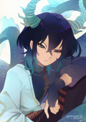 1boy absurdres aqua_eyes aqua_hair aqua_horns aqua_tail arm_on_knee arm_rest art_fight_attack artist_name bishounen black_gloves black_hair black_pants bright_pupils chinese_clothes closed_mouth crowbizbits dated dragon_boy dragon_horns dragon_tail fingerless_gloves gloves hair_between_eyes half-closed_eyes highres horns knee_up looking_at_viewer male_focus mandarin_collar medium_hair multiple_tails original pants red_sash red_trim sash second-party_source simple_background sitting solo striped_horns tail white_background white_pupils wolf_cut