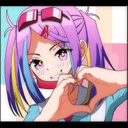 1girl eyewear_on_head heaven_burns_red highres ishii_iroha jiro_channel mask mask_pull multicolored_hair necktie purple_eyes purple_hair sidelocks streaked_hair twintails