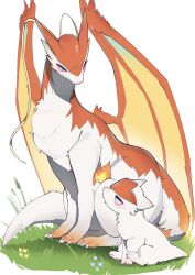 animal_focus baby_animal claws dragon dragon_village_(series) dragon_village_collection eye_contact flower grass highres hufy jitome lightning_dragon_(dragon_village) looking_at_another looking_down looking_up no_humans parent_and_child simple_background small_dragon tail tongue tongue_out white_background wings