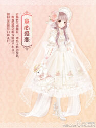 1girl artist_request beads blunt_bangs bonnet border bow bridal_veil bride brown_eyes brown_hair character_request chinese_commentary chinese_text circlet classic_lolita closed_mouth collared_dress commentary_request corset dot_nose dress eyelashes floral_print flower footwear_bow frilled_anklet frilled_dress frilled_headwear frilled_sleeves frilled_vest frilled_wrist_cuffs frills full_body gradient_background hair_beads hair_ornament happy hat hat_flower high_heels holding holding_stuffed_toy lace lace_border light_blush lips lolita_fashion long_hair looking_at_viewer medium_dress miracle_nikki nikki_(series) official_art orange_background ornate_border pantyhose pink_flower pink_lips pink_rose puffy_short_sleeves puffy_sleeves rose second-party_source see-through_clothes see-through_veil shoes short_sleeves sidelocks smile solo standing stiletto_heels stuffed_animal stuffed_toy teddy_bear translation_request veil vest watermark wavy_hair weibo_watermark white_bonnet white_bow white_corset white_dress white_pantyhose white_shoes white_veil white_wrist_cuffs wrist_bow wrist_cuffs wrist_flower