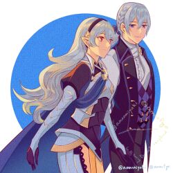 1boy 1girl amao_miyuki black_hairband blue_background blue_cape cape couple english_text female_corrin_(fire_emblem) fire_emblem fire_emblem_fates grey_eyes grey_hair hair_between_eyes hairband hetero jakob_(fire_emblem) long_hair low_ponytail nintendo pixiv_username ponytail red_eyes simple_background twitter_username two-tone_background watermark white_background