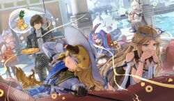 Rule 34 | 1boy, 5girls, black gloves, black pants, blonde hair, blue eyes, blue hair, cartethyia (wuthering waves), closed eyes, closed mouth, covering own mouth, food, gloom (expression), gloves, hair ornament, hat, highres, holding, horns, long hair, male rover (wuthering waves), multiple girls, pants, paserin ekaku, phoebe (wuthering waves), pineapple on pizza, pointy ears, roccia (wuthering waves), rover (wuthering waves), shirt, sun hat, sweat, white hair, white shirt, wuthering waves, x hair ornament, zani (wuthering waves)