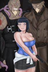 Rule 34 | 1girl, 2boys, a (naruto), black hair, blonde hair, boruto: naruto next generations, breasts, cosplay, dark-skinned male, dark skin, facial hair, goatee, gun, handgun, highres, holding, holding weapon, huge breasts, hyuuga hinata, imminent penetration, jill valentine, jill valentine (cosplay), killer bee, large breasts, mature female, mr. x (resident evil), mr. x (resident evil) (cosplay), multiple boys, naruto (series), nemesis (resident evil), nemesis (resident evil) (cosplay), pistol, purple eyes, resident evil, resident evil 2, resident evil 3: nemesis, short hair, torikku95, weapon