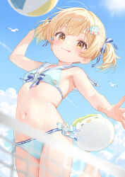1girl :q absurdres ball bare_shoulders beach_volleyball bikini bird blonde_hair blue_bikini blue_sky blush breasts brown_eyes closed_mouth cloud commentary_request flat_chest front-tie_bikini_top front-tie_top hair_ornament highres jumping loli looking_at_viewer minami_mii navel original outdoors paid_reward_available playing_sports rebun sailor_bikini sailor_collar seagull short_hair side-tie_bikini_bottom sky small_breasts smile solo stomach swimsuit tongue tongue_out twintails volleyball volleyball_net white_sailor_collar yellow_eyes