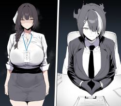Rule 34 | absurdres, black hair, black necktie, black skirt, black suit (blue archive), blue archive, breasts, doodle sensei (blue archive), female sensei (blue archive), formal clothes, genderswap, genderswap (mtf), gloves, greyscale, hair over one eye, highres, lanyard, large breasts, looking at viewer, monochrome, necktie, sensei (blue archive), shirt, skirt, smile, standing, suit, thighs, white shirt, xipa