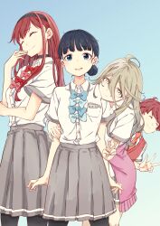 1boy 3girls ahoge basori_tiara black_hair black_hairband black_pantyhose blonde_hair blue_background blue_bow blue_bowtie blue_eyes bow bowtie cardigan cardigan_around_waist closed_eyes closed_mouth clothes_around_waist collared_shirt commentary_request gradient_background grey_skirt hair_between_eyes hair_bun hairband highres houkobaru_hibari hug hug_from_behind long_hair long_hair_between_eyes looking_at_viewer make_heroine_ga_oo_sugiru! mole mole_on_neck mono9ron multiple_girls necktie open_mouth orange_necktie pantyhose pink_bow pink_bowtie pleated_skirt red_bow red_bowtie red_hair red_sweater_vest sakurai_hiroto school_uniform shikiya_yumeko shirt short_hair short_sleeves skirt smile standing summer_uniform sweater_vest tsuwabuki_high_school_uniform v white_shirt yellow_eyes