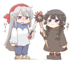 Rule 34 | &gt;:), 2girls, black boots, black robe, blue eyes, blue pants, blush stickers, boots, brown sandals, chibi, closed mouth, dagger, grey hair, hair between eyes, headscarf, higuchi kaede, holding, holding dagger, holding knife, holding staff, holding weapon, hood, hood down, hooded robe, knife, long sleeves, multiple girls, nijisanji, pants, purple eyes, rebecca (keinelove), robe, sandals, shirt, simple background, sleeves past wrists, smile, staff, sweat, translation request, tsukino mito, v-shaped eyebrows, virtual youtuber, weapon, white background, white shirt