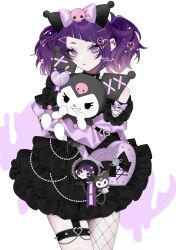 2girls absurdres black_dress bow character_charm charm_(object) choker cowboy_shot diagonal_bangs dress ear_piercing frilled_dress frills hair_bow hair_ornament hairclip hazaki_yoshino heart heart-shaped_bag heart_hair_ornament highres holding idolmaster idolmaster_shiny_colors kuromi long_sleeves looking_at_viewer multiple_girls onegai_my_melody parted_lips piercing purple_eyes purple_hair sanrio short_twintails simple_background single_fishnet_legwear single_leg_pantyhose spiked_choker spikes standing tanaka_mamimi thigh_strap twintails twitter_username white_background