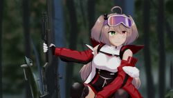 breasts forest girls&#039;_frontline goggles green_eyes hair_bobbles hair_ornament heterochromia highres large_breasts maaranto nature outstretched_arms red_eyes sig_ssg3000 ssg3000_(girls&#039;_frontline) sweater turtleneck turtleneck_sweater two_side_up