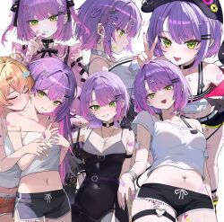 2girls bandaid bibi_(tokoyami_towa) black_choker black_dress blush breasts choker closed_eyes commentary crop_top dress english_commentary fang green_eyes green_nails hair_ornament hairclip heart heart_tattoo hickey hololive jirai_kei kkato long_hair looking_at_viewer momosuzu_nene multicolored_hair multiple_girls multiple_views nail_polish open_mouth piercing pink_hair purple_hair purple_nails short_shorts shorts simple_background skin_fang smile streaked_hair tail tattoo tokoyami_towa v virtual_youtuber white_background white_choker yellow_nails yuri