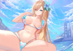 1girl asuna_(blue_archive) bikini blonde_hair blue_archive blue_bikini blue_eyes breasts chinese_commentary commentary_request day diaoao_bugaoxing eyes_visible_through_hair large_breasts long_hair multi-strapped_bikini_bottom outdoors polka_dot polka_dot_bikini skirt smile solo spread_legs summer swimsuit variant_set very_long_hair water
