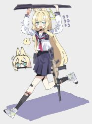 ! 1girl absurdres animal_ears assault_rifle bandaid bandaid_on_leg black_socks blonde_hair blue_archive blue_sailor_collar blue_skirt blush chibi commentary_request flying_sweatdrops fox_ears green_eyes green_halo grey_background gun h&amp;k_ump halo highres kneehighs korean_commentary kurumi_(blue_archive) long_hair long_sleeves looking_at_viewer magazine_(weapon) multiple_views neckerchief odmised open_mouth pleated_skirt red_neckerchief rifle running sailor_collar school_uniform serafuku shirt shoes simple_background skirt sneakers socks spoken_exclamation_mark submachine_gun weapon white_shirt white_shoes