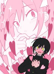 1boy 1girl black_hair black_jacket blush finger_to_own_chin flipped_hair gakuran hand_on_own_chest heart hetero highres jacket nervous_sweating nose_blush original own_hands_together pink_theme projected_inset rari_q school school_uniform short_hair sparkle sparkling_aura sweat yellow_eyes
