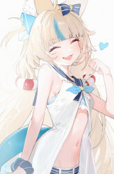 1girl :3 absurdres animal_ears bare_shoulders bikini blue_bikini blue_bow blue_hair blue_ribbon blue_sailor_collar blue_scrunchie blue_tail blush bow breasts brown_hair cat_ears cat_girl closed_eyes commentary dress fang fins fish_tail hair_bow hair_ribbon heart highres indie_virtual_youtuber lifebuoy_hair_ornament long_hair multicolored_hair navel one_side_up open_mouth ribbon sailor_collar sameko_saba scrunchie shark_tail silver_(chenwen) simple_background skin_fang smile solo stomach streaked_hair striped_bow swimsuit tail twintails two-tone_hair virtual_youtuber white_background white_dress wrist_scrunchie