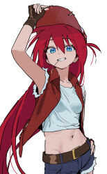 Rule 34 | 1girl, arm up, armpits, baseball cap, belt, blush, breasts, brown gloves, commentary, cosplay, denim, denim shorts, fatal fury, fingerless gloves, gloves, groin, hat, highres, hipa (some1else45), jacket, long hair, looking at viewer, mouth hold, navel, original, red eyes, red hat, red jacket, shorts, simple background, small breasts, smile, solo, some1else45, stomach, straight hair, tank top, terry bogard, terry bogard (cosplay), very long hair, white background, white tank top