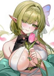 1girl absurdres ariko_(aaaaarik) azur_lane blush bracelet breasts butterfly_hair_ornament center_opening cleavage coat de_zeven_provincien_(azur_lane) dress flower green_coat green_eyes green_hair green_nails hair_intakes hair_ornament hair_over_one_eye highres holding holding_flower jewelry large_breasts long_sidelocks looking_at_viewer off_shoulder parted_bangs pink_flower pink_lips pink_tulip pointy_ears sidelocks smile solo tulip upper_body white_dress