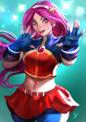 1girl asamiya_athena bike_shorts breasts curvy dress female_focus gloves hairband long_hair looking_at_viewer medium_breasts onishinx open_mouth pale_skin pants purple_eyes purple_hair skirt smile smiley_face stanbl7 standing star_(symbol) the_king_of_fighters thick_thighs thighs wide_hips