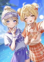 2girls ahoge belt blonde_hair blue_skirt blush bow clothes_writing double_bun hair_bun highres hololive hololive_dev_is holonatsu_paradise jewelry looking_at_viewer multicolored_hair multiple_girls necklace ocean one_eye_closed open_mouth orange_skirt otonose_kanade otonose_kanade_(holonatsu_paradise) outdoors plaid_clothes plaid_skirt pleated_skirt purple_eyes purple_hair purple_skirt red_eyes selfie shirt short_sleeves skirt sky smile streaked_hair todoroki_hajime todoroki_hajime_(holonatsu_paradise) v viewfinder virtual_youtuber visor_cap white_shirt yoshidadon