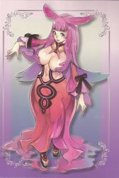 10s 1girl absurdres blue_eyes blush_stickers breasts bug butterfly curvy dress f.s. female_focus full_body gradient_background highres huge_breasts insect large_breasts long_hair melona_(queen&#039;s_blade) muscular official_art pink_hair queen&#039;s_blade queen&#039;s_blade_rebellion sandals smile solo standing thick_thighs thighs wide_hips